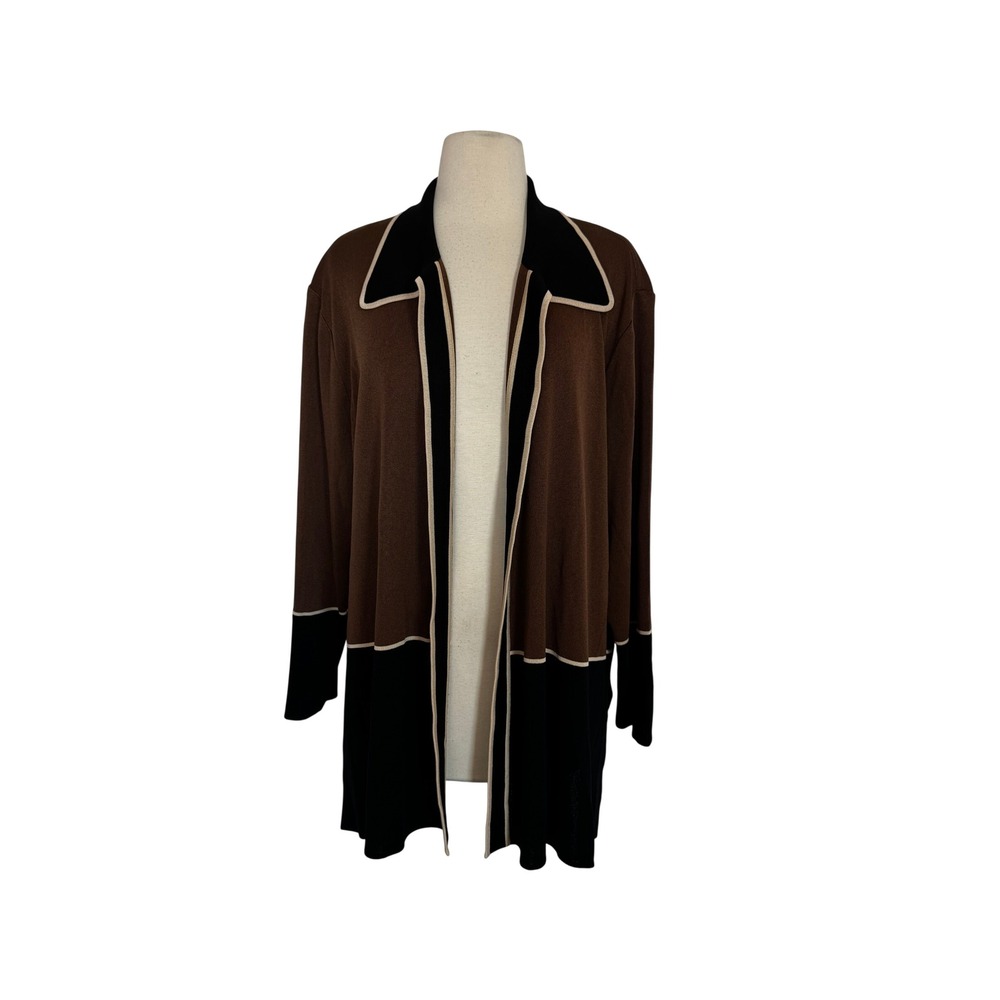 Misook Women Brown Black Colorblock Open Front Cardigan Collared Size XL
